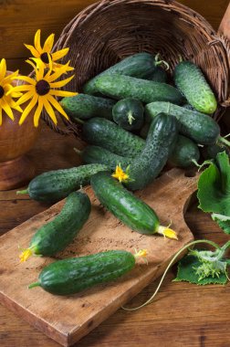 Ahşap masa üzerinde sepet içinde salatalık.