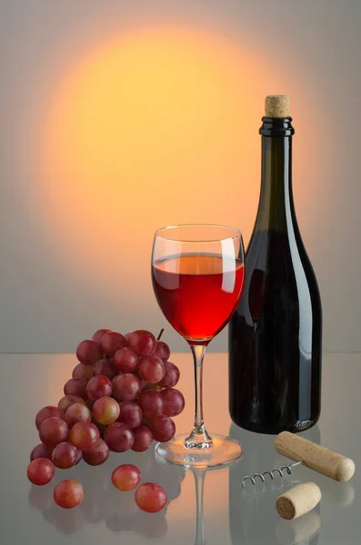 Bicchiere di vino, pennello d'uva e bottiglia di vino su ba colorata — Foto Stock