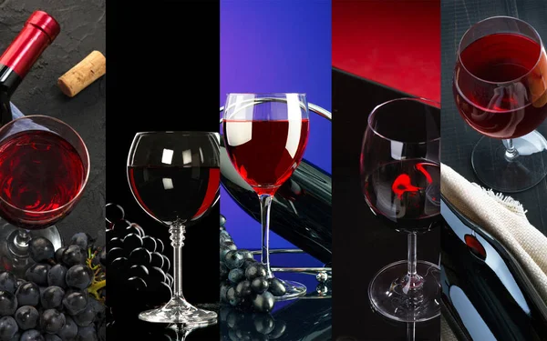 Collage Glasses Red Wine Colorful Backgrounds Copy Space Your Text — Stock Photo, Image