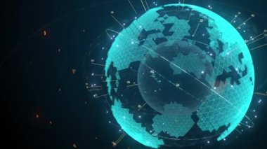Abstract 3D rotating globe with continents. Triangular mesh of continents. Particles and lines around a color glowing globe
