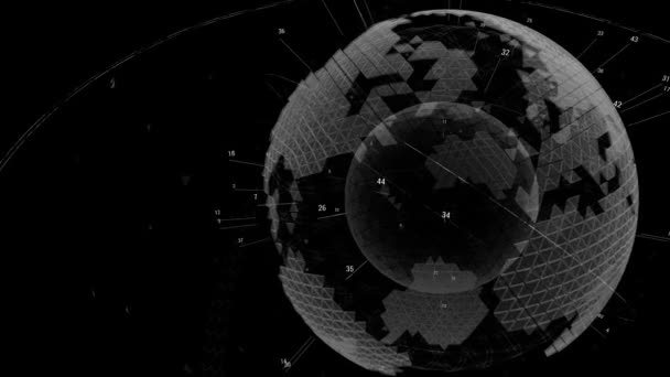 Абстрактный трехмерный вращающийся глобус с континентами. Треугольная сетка континентов. Частицы и линии вокруг земного шара — стоковое видео