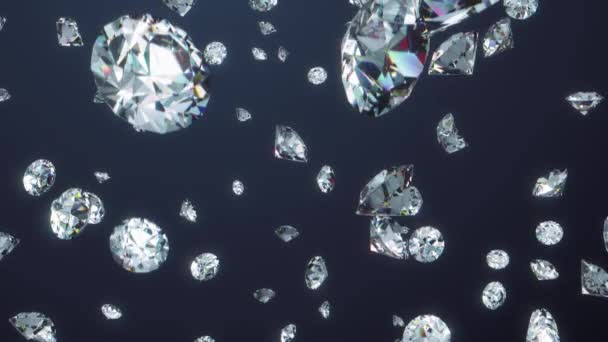 Full HD realistas diamantes brilhantes caindo em fundo espaço preto. 3d cenário renderizado — Vídeo de Stock