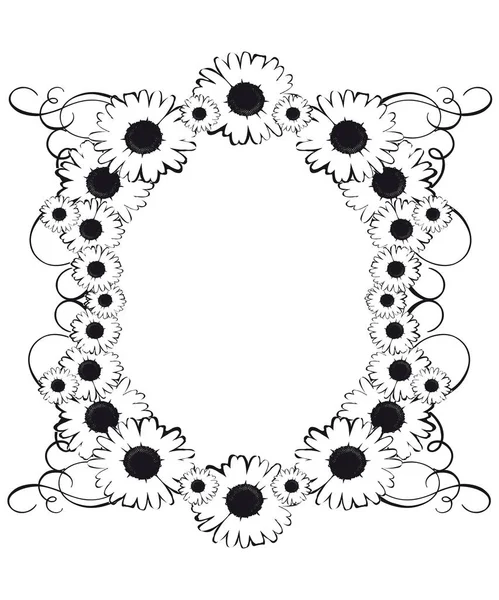 Schöner Schwarz Weißer Blumenrand Mit Gänseblümchen Und Wirbeln — Stockvektor