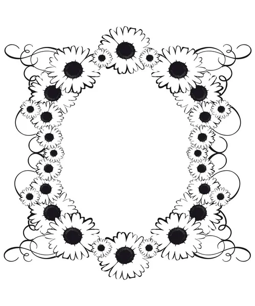 Bonito Borde Floral Blanco Negro Con Margaritas Remolinos — Vector de stock