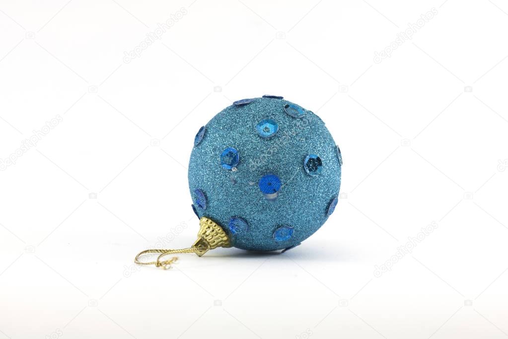 Blue Christmas ball isolated on white background, containing small ornaments
