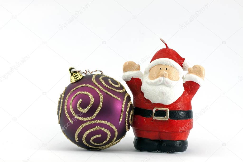 Dark red Christmas ball with gold stripes and a Santa claus isolated on white background
