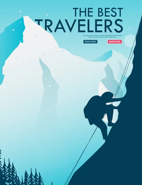 Ein Mann wandert allein in den Bergen. Abenteuerreise. Schöner Urlaub. auf der ganzen Welt. Cartoon-Stil. Vektorabbildung eps10 — Stockvektor