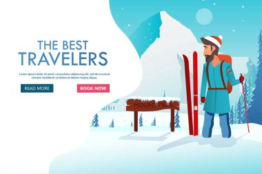 Bir adamın tek başına dağlarda girer. Macera seyahat. Ziny tatil. Bütün dünyada. Karikatür tarzı. Vektör çizim Eps10