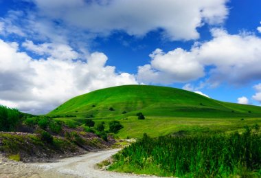 Yeşil çim Hill ve mavi gökyüzü