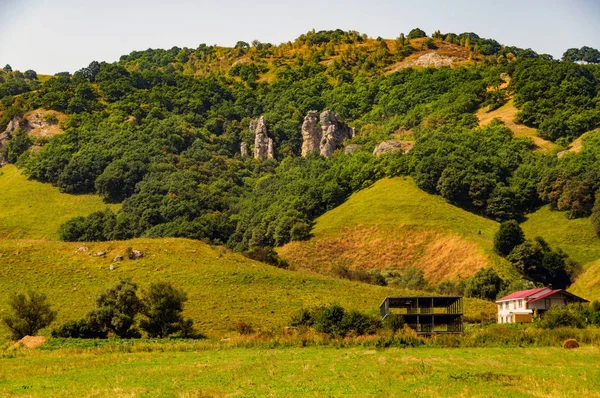 Yeşil tepelerin eteklerinde, büyük çiftlik — Stok fotoğraf