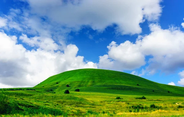 Yeşil çim Hill ve mavi gökyüzü — Stok fotoğraf