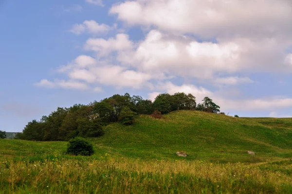 Yeşil çim Hill ve bulutlu gökyüzü