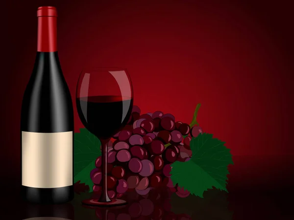 Natura morta perfetta: vino rosso bottiglia, uva e bicchiere di vino — Vettoriale Stock