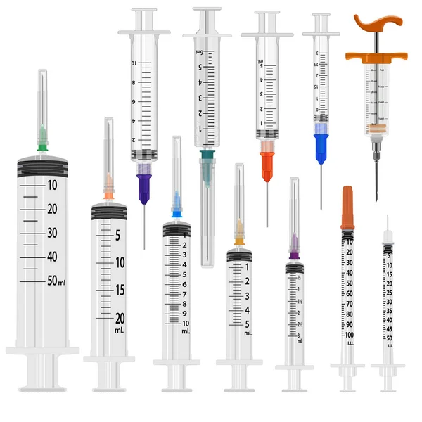 Conjunto de seringas descartáveis médicas de diferentes tamanhos, escopo e —  Vetores de Stock