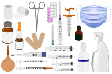 First aid kit box with medical equipment and medications for emergency. Vector illustration clipart