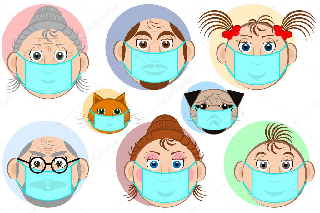 Avatars of a large family: mother, father, grandmother and grandfather, son and daughter, cat and dog in protective face masks, created in conjunction with the coronovirus. Vector illustration