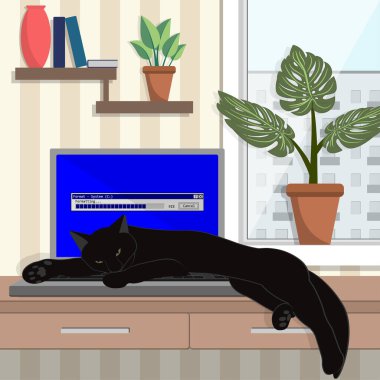 Kara kedi dizüstü bilgisayarda C sürücüsünü formatlamış. Vektör illüstrasyonu