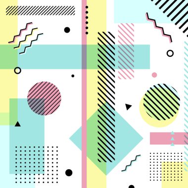 Soyut Geometrik Elementler Pastel Renk Memphis Tarzı Beyaz Arkaplanda. Davetiye Kartı, Broşür, Banner Web, Poster vs. için Moda Tasarımı. Vektör İllüstrasyonu