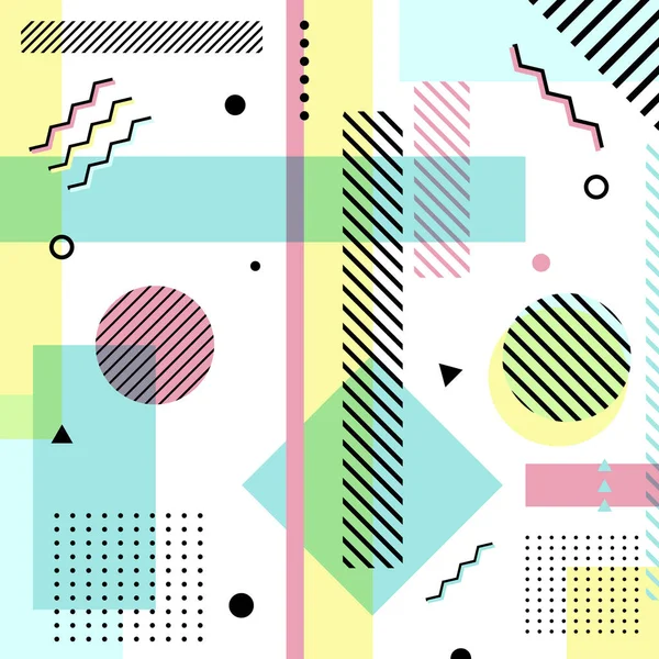 Soyut Geometrik Elementler Pastel Renk Memphis Tarzı Beyaz Arkaplanda. Davetiye Kartı, Broşür, Banner Web, Poster vs. için Moda Tasarımı. Vektör İllüstrasyonu