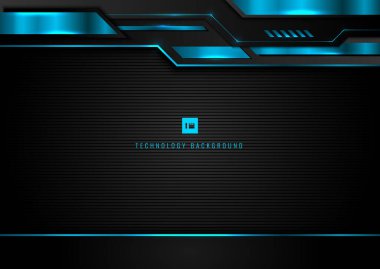 Soyut modern teknoloji kavramı geometrik siyah ve mavi parlayan metalik çerçeve tasarımı koyu arkaplan üzerinde. Vektör illüstrasyonu