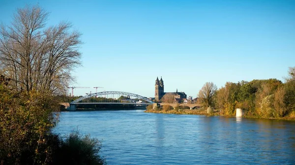 Τον Ποταμό Έλβα Κοντά Magdeburg Τον Καθεδρικό Ναό Και Γέφυρα — Φωτογραφία Αρχείου