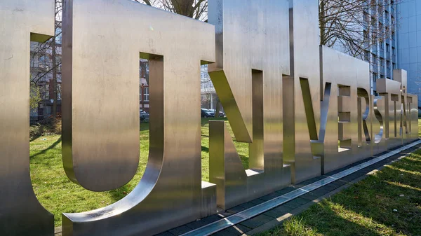 Lettering University Made Metal Meadow City Center Magdeburg Germany — Stock Photo, Image