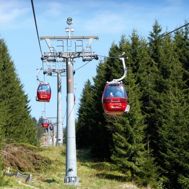 BRAUNLAGE, GERMANY  APRIL 29, 2018: Cable car at Wurmberg near Braunlage in the Harz National Park. Many tourists use the cable car for a ride on the Wurmberg clipart