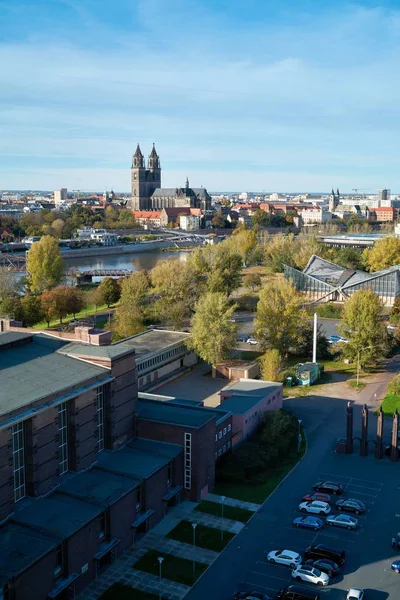 Aerial View Event Building Rotehornpark Magdeburg Background Magdeburg Cathedral — Stock Photo, Image