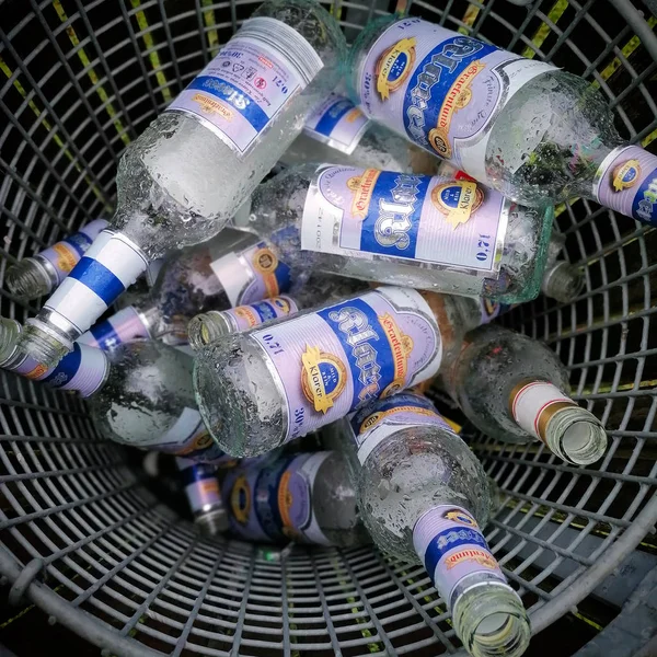 Magdeburg Germany February 2020 Empty Schnapps Bottles Waste Paper Basket — Zdjęcie stockowe