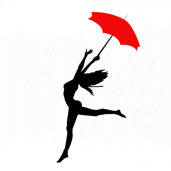 Femeia dansând în ploaie cu umbrela roșie — Fotografie, imagine de stoc