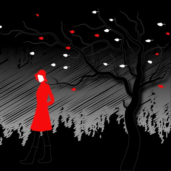 Frau geht in stürmischem Sturz in der Nacht — Stockfoto