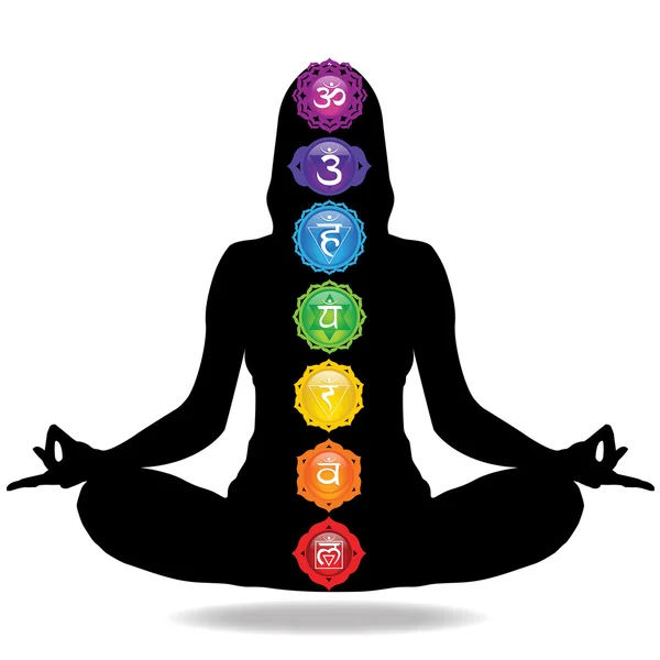 Woman Meditating With Seven Chakras — Stock Photo, Image