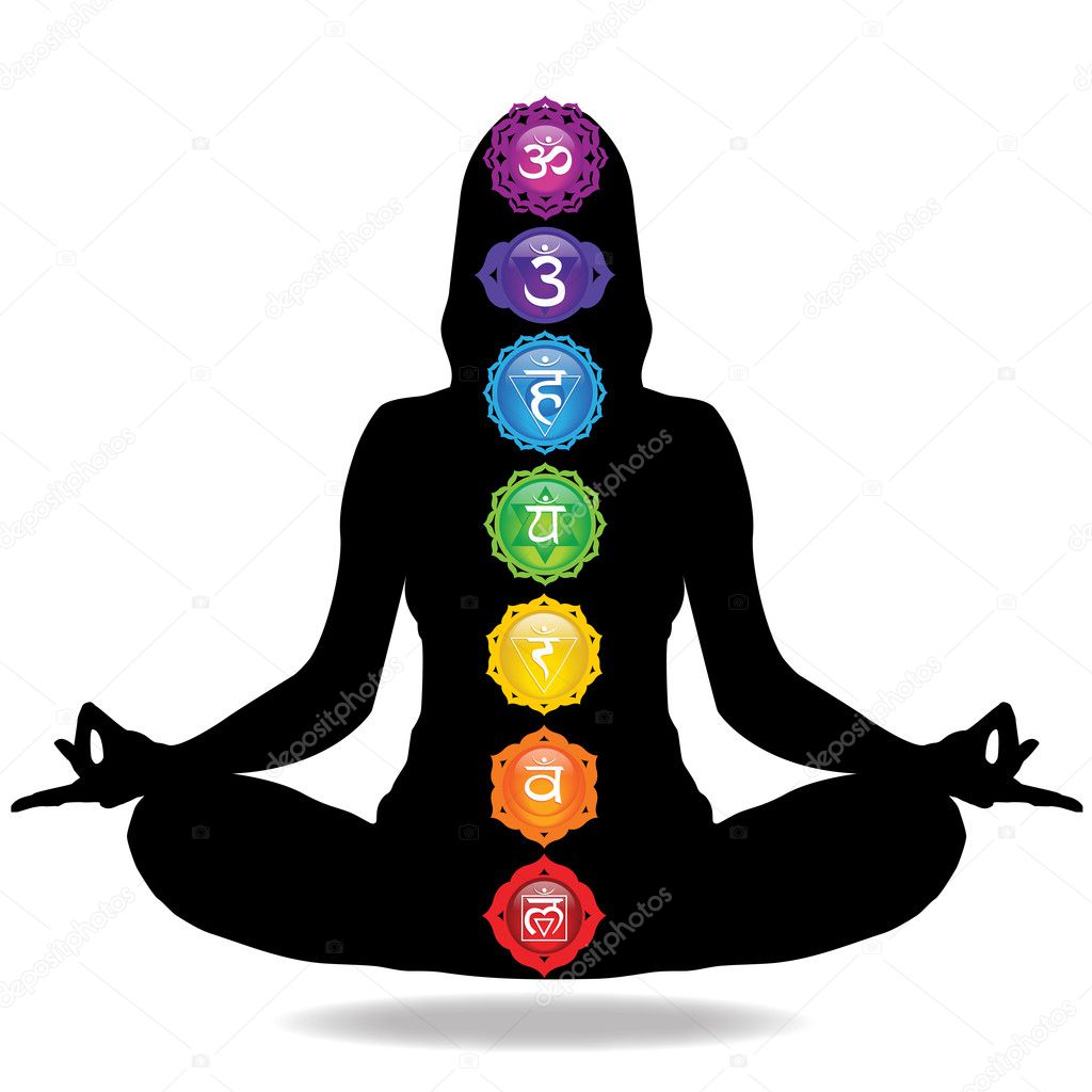 Woman Meditating With Seven Chakras