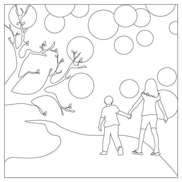 Kids Holding Hands Coloring Page — Stock Photo, Image
