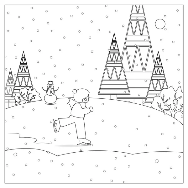 Хлопчик Сніг на ковзанах Різдвяна розмальовка сторінка — стокове фото