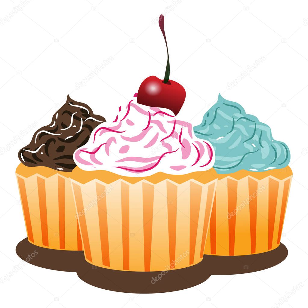Three cupcakes with icing and cherry vector illustration - scalable to any size with the EPS (vector) version.