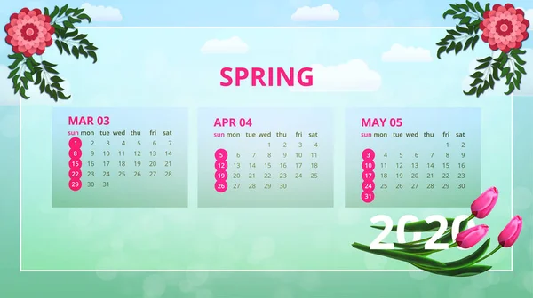 Diseño Del Calendario Para Año 2020 Fondo Primavera Tarjeta Temporada — Vector de stock