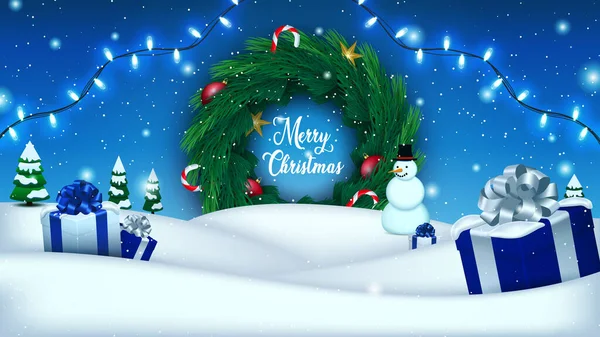 Διακοπές Χριστούγεννα Και Πρωτοχρονιά Τοπίο Κουτιά Δώρων Χιονάνθρωπο Και Πεύκο — Διανυσματικό Αρχείο