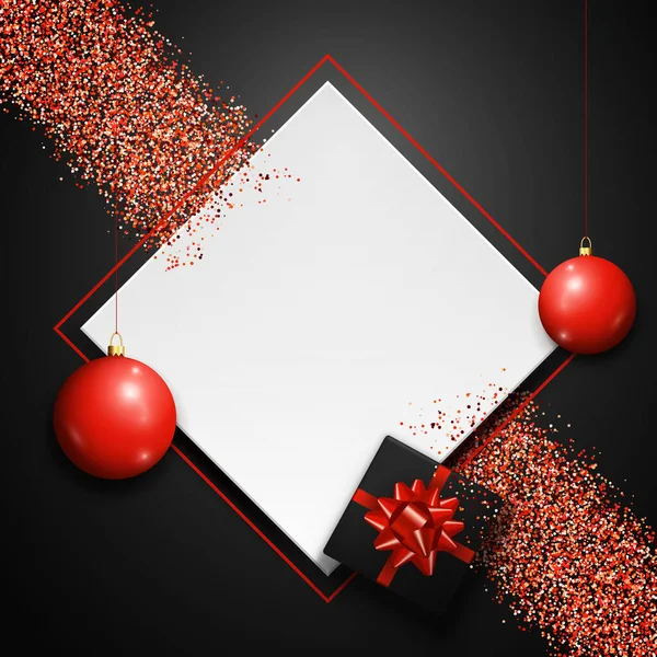 Modello di Natale per le tue arti e copia lo spazio con cornice bianca, palle, regali e scintille scintillanti su sfondo scuro — Vettoriale Stock