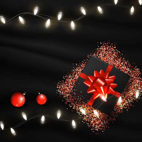 Χριστούγεννα ή Πρωτοχρονιά πρότυπο για τις τέχνες σας με χώρο αντίγραφο. Κάρτα διακοπών με γιρλάντα, κουτί δώρου, κόκκινη μπάλα και κομφετί — Διανυσματικό Αρχείο