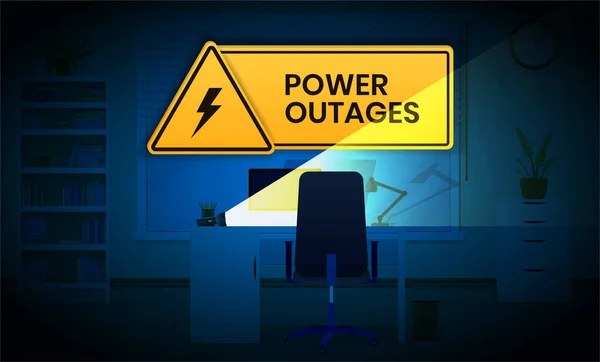 정전, 사무 공간에 전기 회중 전등 과 삼각형 모양의 전기 상징 이 있는 경고 포스터 — 스톡 벡터
