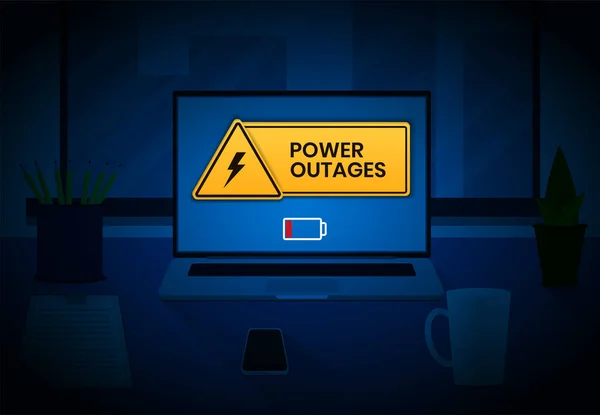 Áramszünet, figyelmeztető banner a laptop képernyőjén és háromszög alakú ikon a villamos energia az irodában munkaterület — Stock Vector