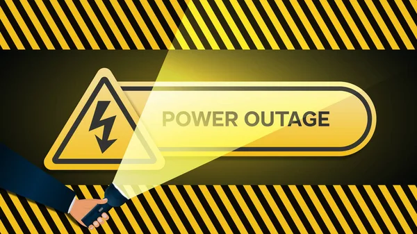 Отключение электричества, предупреждающий постер желтым цветом треугольный значок электричества и руки с фонариком — стоковый вектор