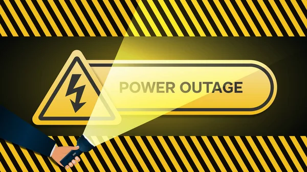 Elektrik kesintisi, sarı uyarı afişi. Elektrik ve el feneri olan üçgen bir simge.