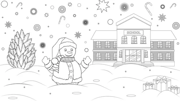 Libro da colorare per bambini. Neve vicino alla scuola con gli scolari. Disegno di contorno in bianco e nero — Vettoriale Stock