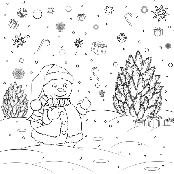 Libro da colorare per bambini. Neve con albero di Natale. Disegno di contorno in bianco e nero — Vettoriale Stock
