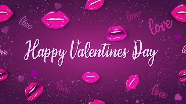 Happy Valentine's Day banner with realistic pink lips on purple background — Stock Vector