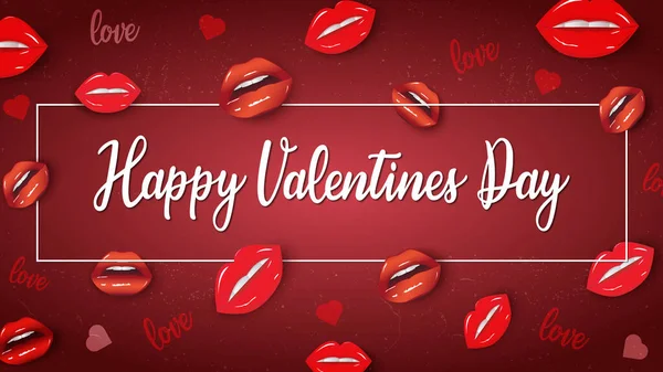 Felice San Valentino banner con realistiche labbra rosse su sfondo rosso — Vettoriale Stock