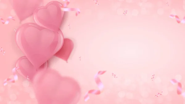 Rosa luftballonger med hjärtformade ballonger. vektor semester illustration av flygande ballonger och konfetti partiklar på rosig bakgrund — Stock vektor