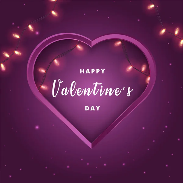 Buon San Valentino con carta tagliata a forma di cuore e ghirlanda luminosa su sfondo viola. Illustrazione vettoriale — Vettoriale Stock